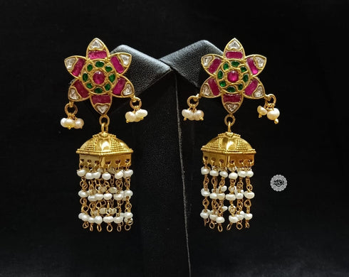 925 Multi Kundan Flower Pearl Jhumka
